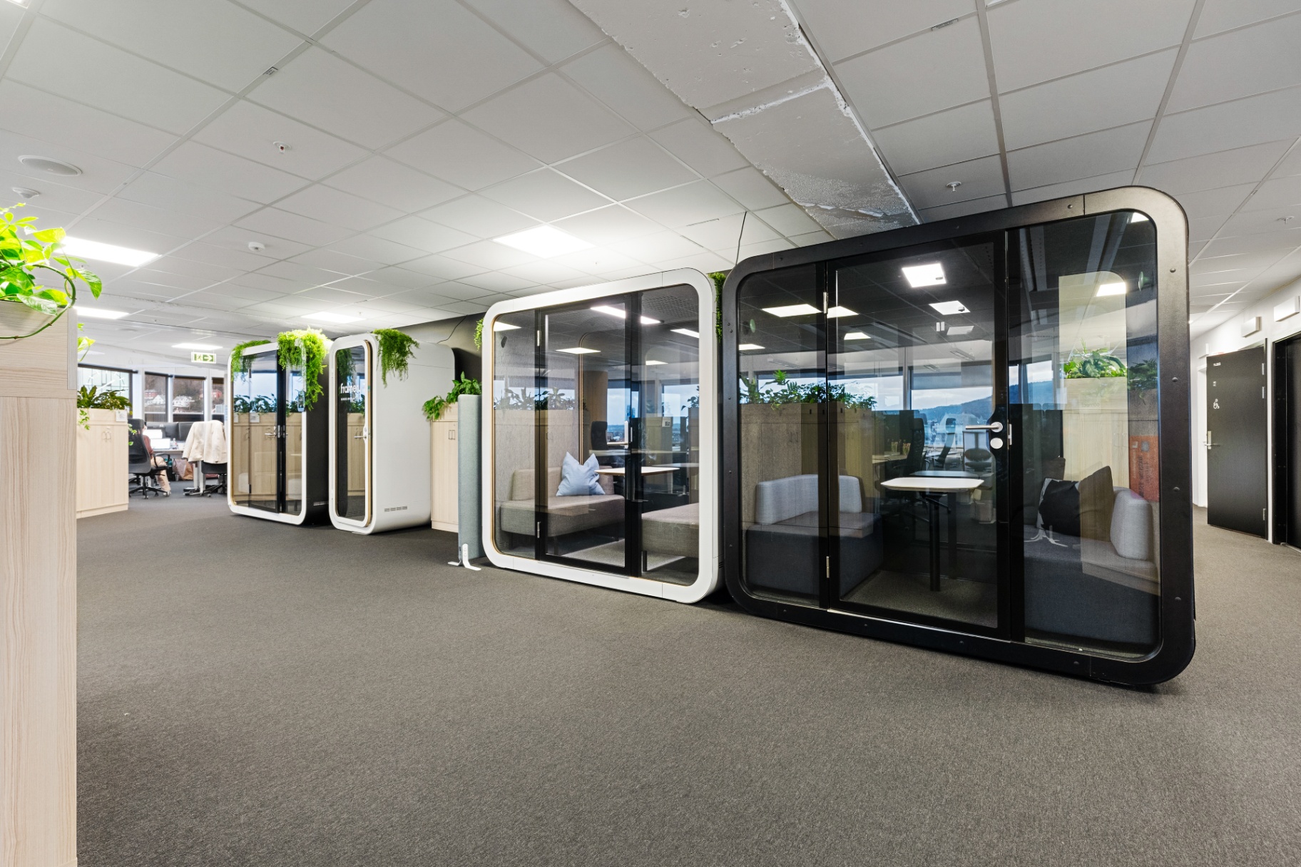 A row of Framery meeting pods and phone booths in the HUB workspace.